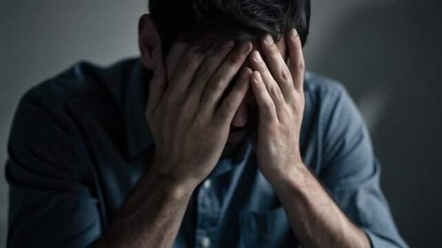 Stressed man in blue shirt experiencing anxiety and emotional distress indoors