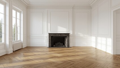 Obraz premium Luxury bright room in a contemporary apartment featuring wide windows, smooth white walls, warm wooden floors, and a dark marble fireplace