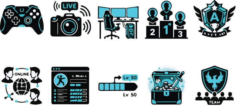 Esports and online gaming icon set in black and neon blue style