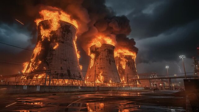 Industrial power plant cooling towers engulfed in massive fire and thick smoke at night with dramatic stormy sky