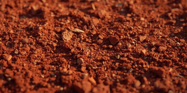 vibrant red dirt soil surface texture with mineral particles for rustic settings