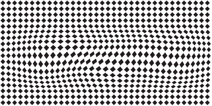 Abstract vector seamless pattern with distorted cage in y2k style. Twisted checkered funky background. 90s, 00s aesthetic. Retro wavy psychedelic checkerboard. Black and white seamless checkered patte