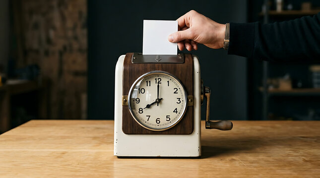 Professional hand inserts work card into a retro time clock machine for precise attendance tracking