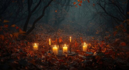 Obraz premium Enchanting flickering candles in an autumn forest with a dark natural abstract background creating a mysterious fairy tale atmosphere