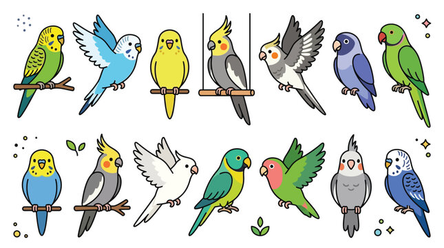 Colorful collection of cute parrot vector illustrations featuring various bird species in a flat design style