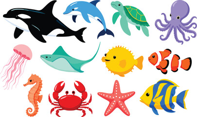 Naklejka premium Underwater Sea Animal Watercolor Art Vector Design Collection