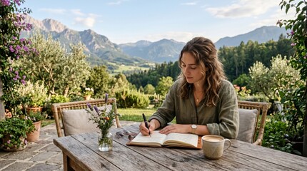 Fototapeta premium Woman writing in notebook outdoors in garden with mountain view