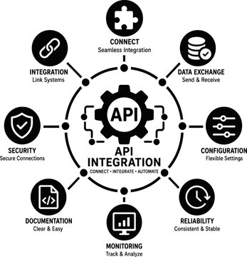 API integration concept with gear icon and connected symbols around it.