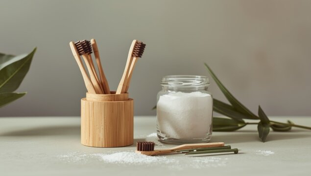 Zero waste lifestyle illustrated by bamboo toothbrushes beside baking soda for green dental care