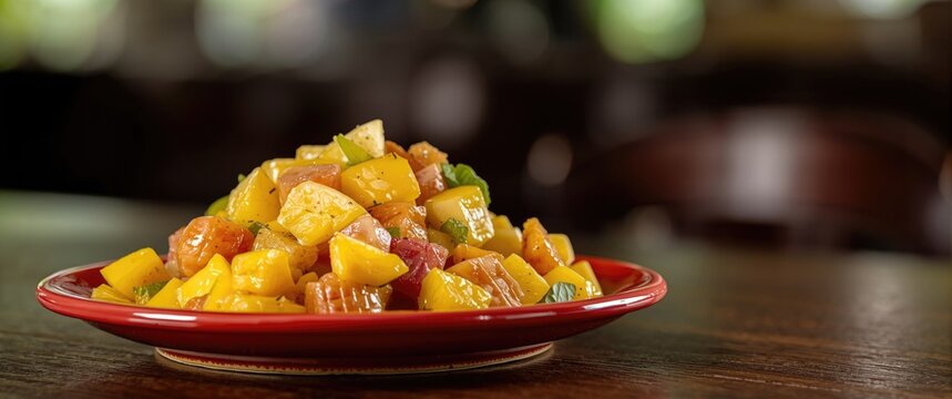 Refreshing Indonesian rujak buah presented on a vibrant red plate