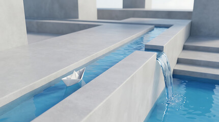Fototapeta premium Minimalist 3D Render of a White Paper Boat Floating on Blue Water in Concrete Architecture