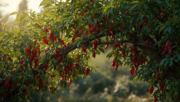 Sweet pepper tree full of ripe red peppers amidst green foliage