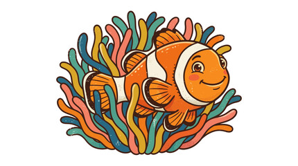 Fototapeta premium Colorful Clownfish Swimming Among Vibrant Coral Reef in Underwater Scene Illustration