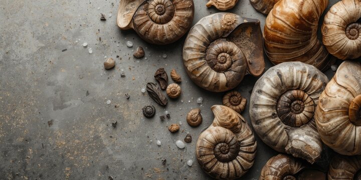 Natural fossilized ammonite mollusc shells on smooth surface with copy space