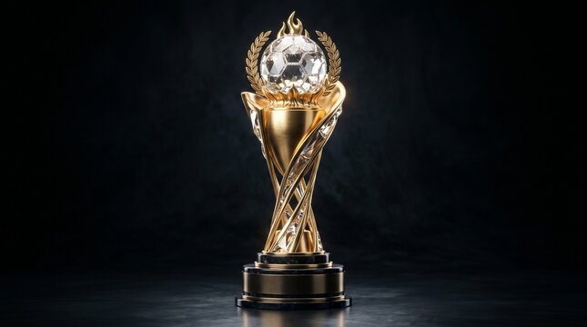 Golden soccer trophy cup with crystal ball on dark background