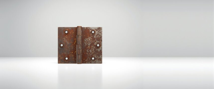 Rusty iron hinge positioned on a bright white surface for display