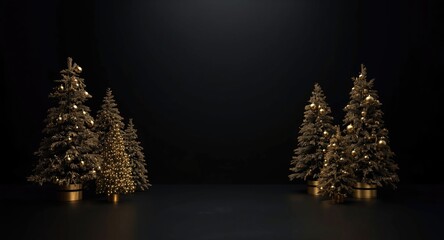 Obraz premium Minimalist black and gold holiday stage with elegant Christmas trees on a dark backdrop