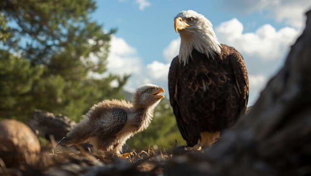 New Bald Eagle eaglet exploring surroundings under mother&acirc;&euro;&trade;s gaze