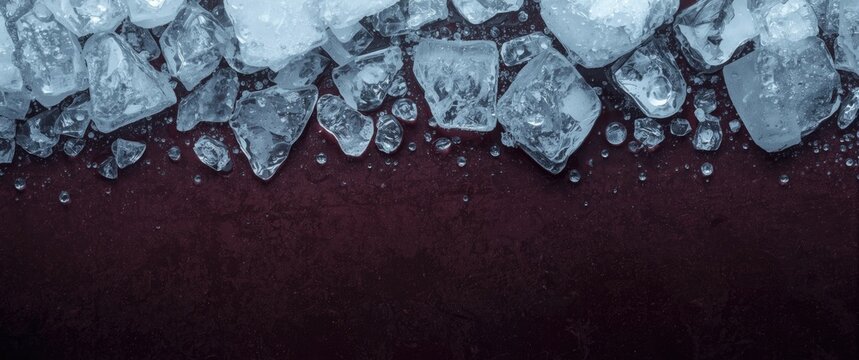 Crushed ice bits spread unevenly on a rich dark background with copy space
