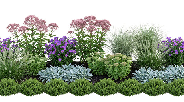 Beautiful garden flower bed featuring vibrant purple asters pink joe pye weed ornamental grasses and green shrubs arranged in a natural layered landscape design pattern isolated on transparent