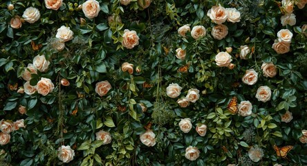 Fototapeta premium Living wall covered in lush greenery with delicate pink roses and butterflies