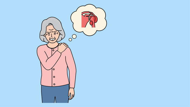 Illustration  elderly woman suffering from shoulder pain or a rotator cuff injury The illustration covers joint inflammation musculoskeletal disorders arthritis symptoms rehabilitation and treatment
