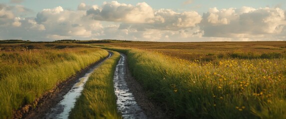 Obraz premium Picturesque muddy route bending through a rich grass plain in nature