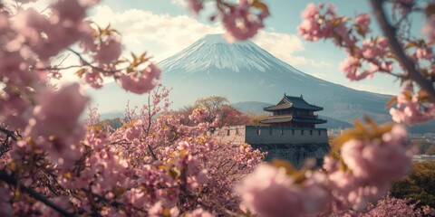 Obraz premium Springtime cherry blossoms framing an ancient fortress and towering snowy peak