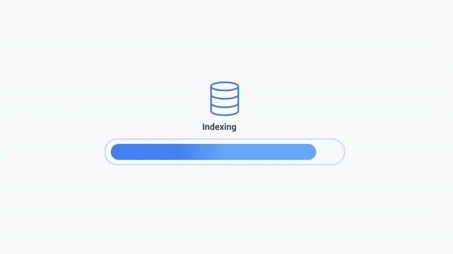 Animated database indexing interface with database icon and rounded progress bar. Clean flat motion graphic for data indexing, database optimization, search operations, information management, and dig