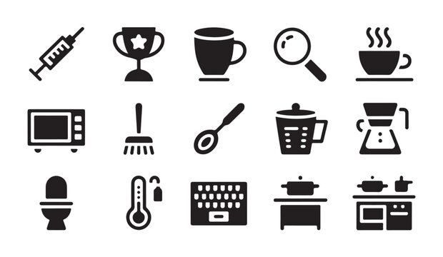 Household appliances and kitchen equipment silhouette icons for home and office usage.