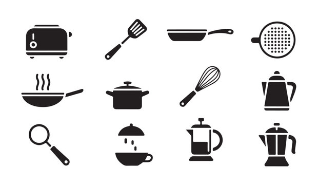 Cookware and appliance icons featuring frying pans pots toaster and coffee brewing tools.