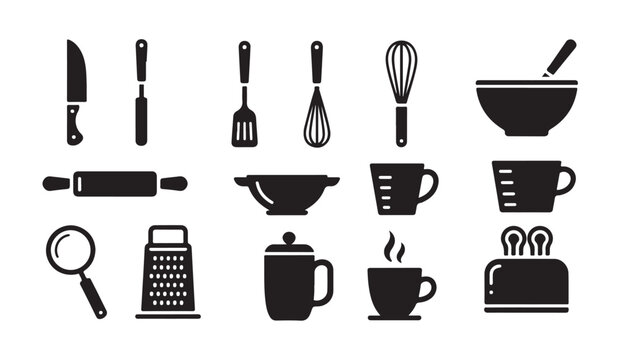 Kitchen icons set with knives whisk bowl grater toaster and coffee cups for cooking activities.
