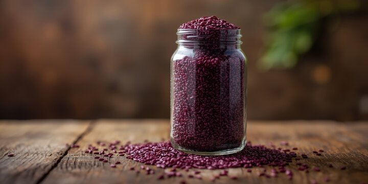 Purple riceberry in a storage jar positioned for text addition