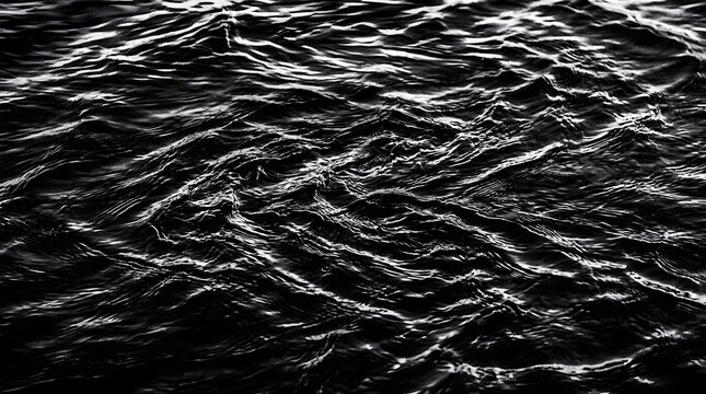 Dark Water Texture: A close-up, high-contrast black and white abstract shot of turbulent water surface, with ripples and waves creating a dramatic texture.