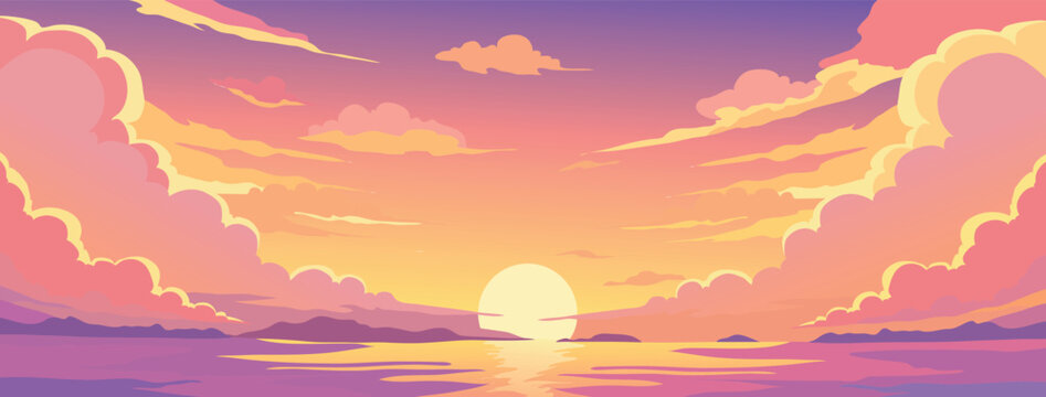 Beautiful pastel sunset landscape over the ocean with soft colorful clouds vector illustration
