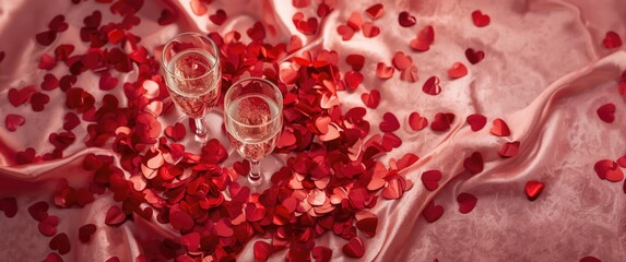Obraz premium Header view of red heart confetti scattered around two champagne glasses clinking on a pink backdrop with copy space for Valentines