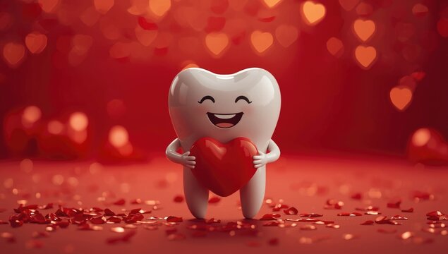 Lovable tooth drawing embracing heart on warm red Valentines Day setting