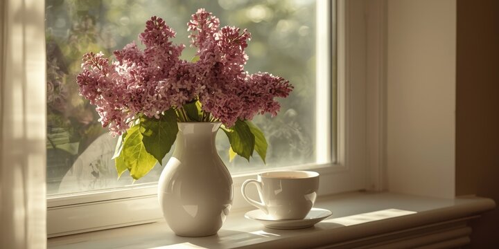 Fresh lilac stems in a white ceramic vase next to a steaming coffee cup on a sunlit window shelf with a cozy warm toned backdrop