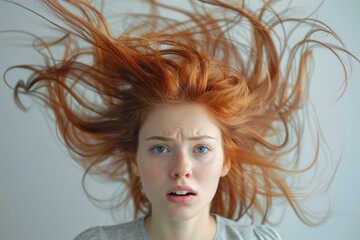 Naklejka premium Surprised woman with red hair floating upward