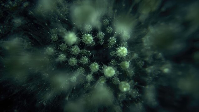 Microscopic dark field image presenting developing daughter colonies inside Volvox aureus primary colony