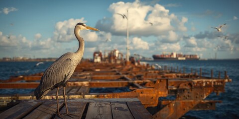 Fototapeta premium majestic crane stationed on a dynamic harbor pier