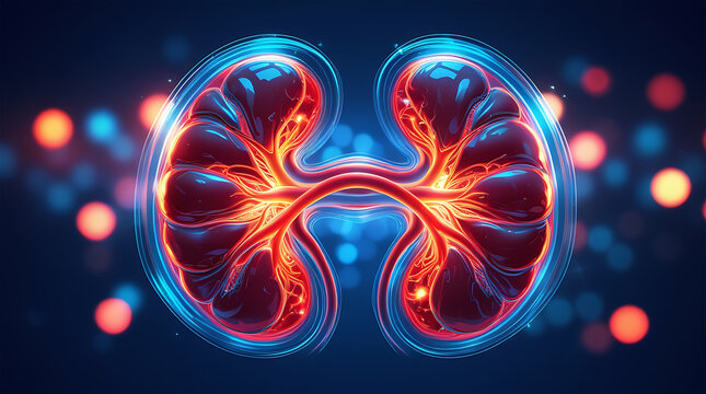 Glowing human kidney illustration with futuristic medical style, vibrant colors, isolated concept for healthcare, anatomy, science, and education.