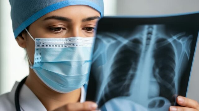 Female Doctor in Surgical Cap and Medical Mask Intently Studying a Patient's Chest X-ray Image in a Hospital Setting for Accurate Medical Diagnosis