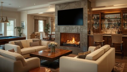 Obraz premium Lounging in a bright and soothing area with various seating options, a pool table, a glowing hearth, a television, and a well equipped drinks bar
