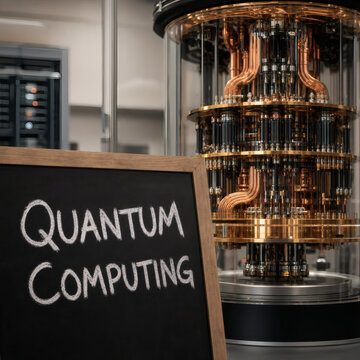 quantum computing in the lab futuristic technology artificial intelligence breakthrough high tech chalkboard transparent supercomputer with copper circuits precision engineering and diffused lighting