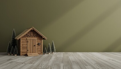 Obraz premium Wooden cabin and conifer tree ornaments displayed on a textured grey floor with olive green backdrop