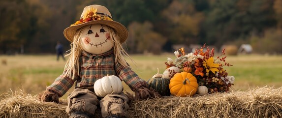 Obraz premium Joyful scarecrow wearing a rustic straw hat perched on a hay bale with autumn gourds and dried flower accents