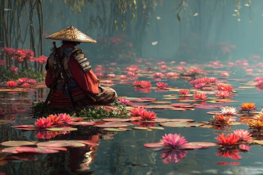 Samurai Meditating in a Tranquil Lotus Pond