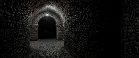 Fototapeta premium Historic underground dungeon passageways shrouded in darkness