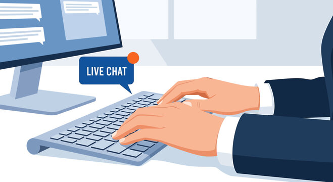 Customer service agent typing on keyboard, live chat support on computer screen